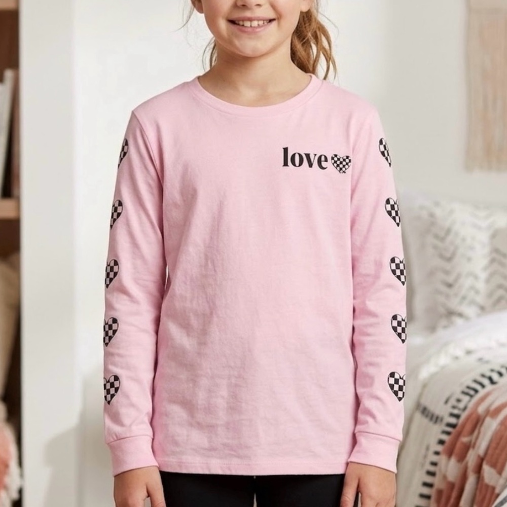 Art Class Light Pink Long Sleeve Tee with Checkered Heart Details